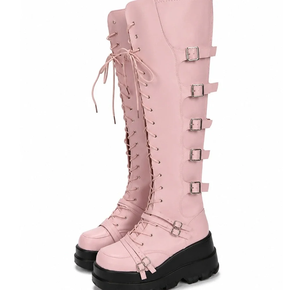Platform Boots Over Knee Thigh High Goth Boots Chunky Heel Pink Size 8.5